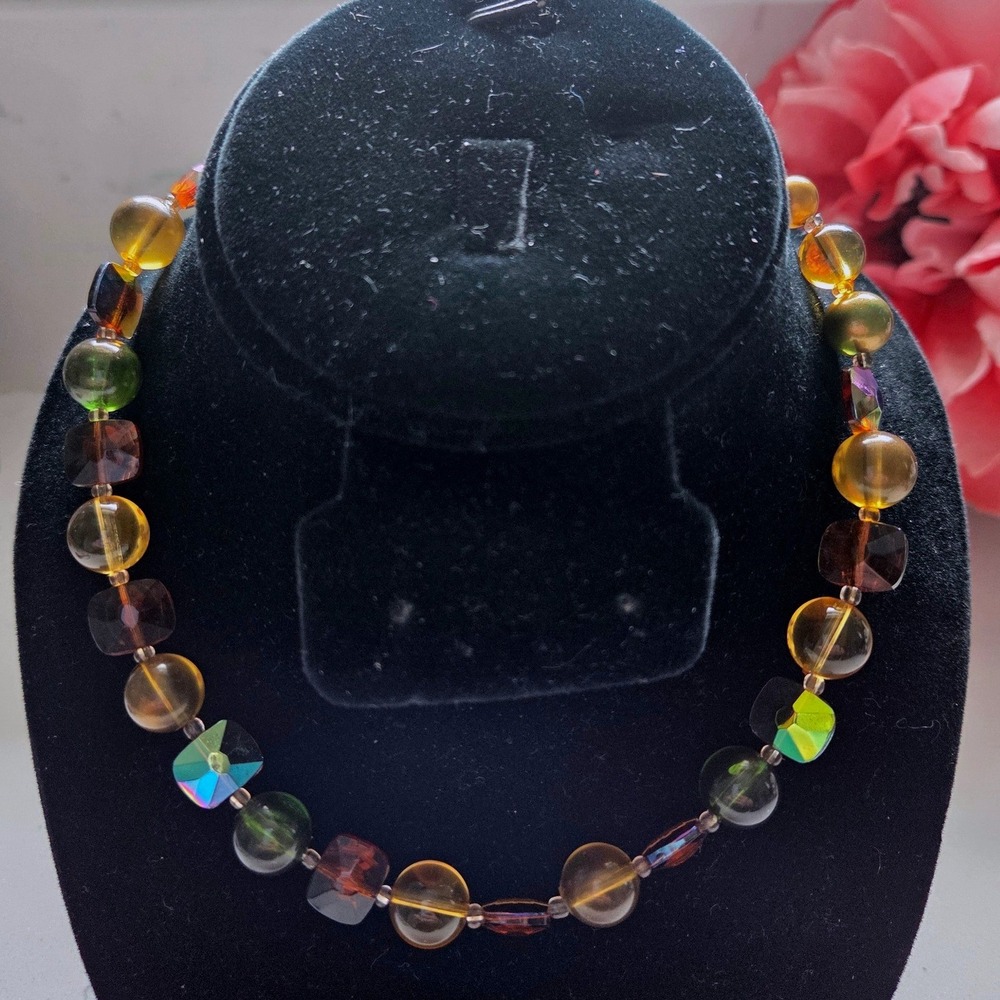VTG 50s Marvella Beaded Necklace Amber Brown Green Earth Tones 17 Inch J-Hook